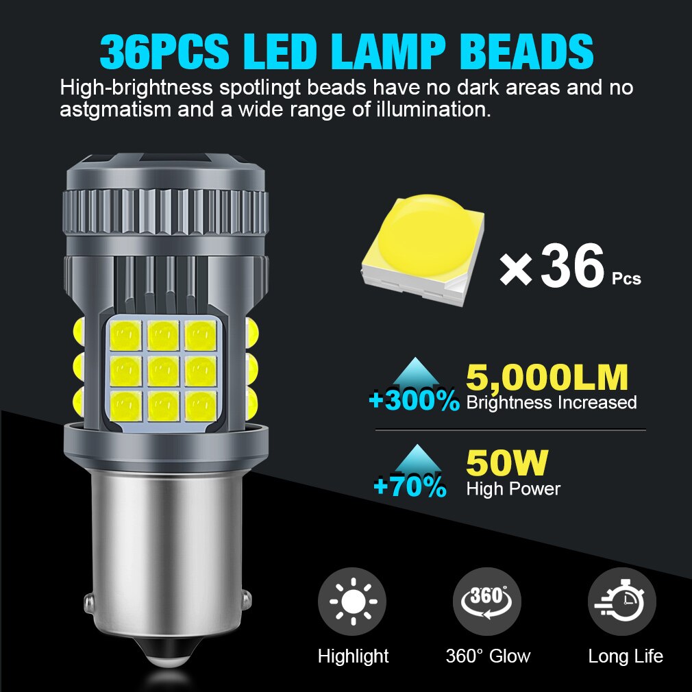 2pcs 50W 5000LM Led 1156 P21W BA15S Canbus Fan BAU15S PY21W T20 7440 W21W 7443 W21/5W Turn Signal Reverse Light White Amber Red