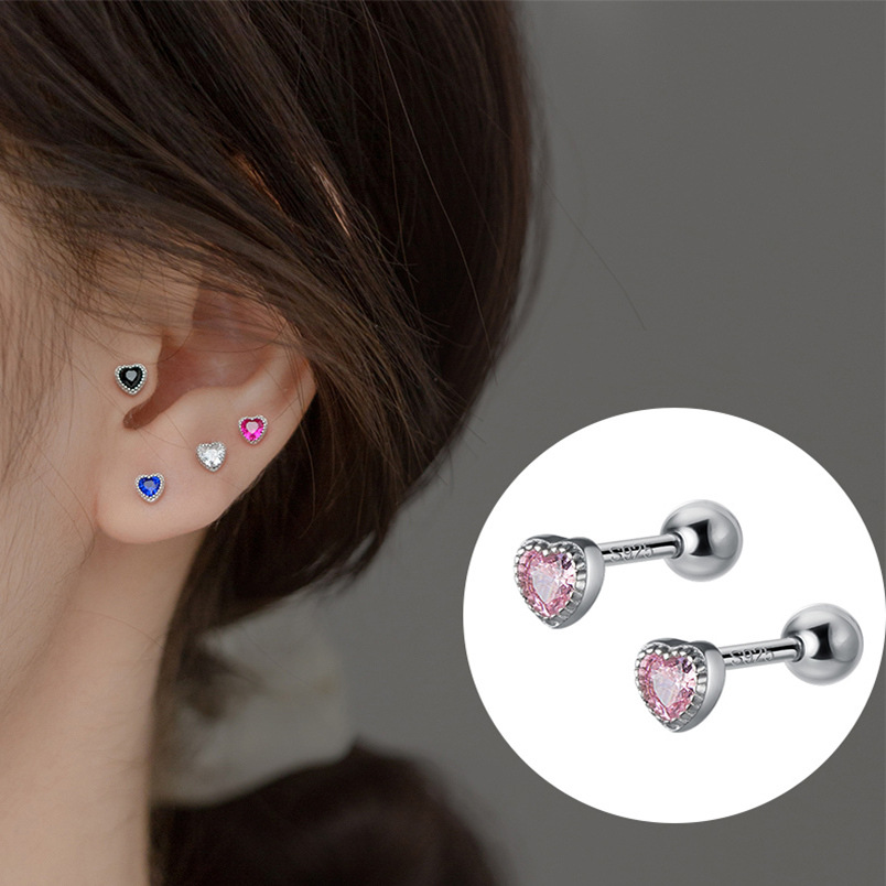 1 Pza lindo minimalista Mini pendiente con forma de corazón brillante cristal colorido CZ tornillo trasero pequeño cartílago Piercing pendiente joyería