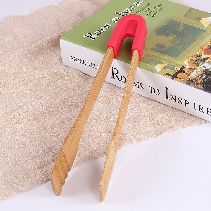 Pinzas para comida de bambú tostar, pastel de madera, ensalada bolsa con Clip para aperitivos, mango de silicona, pinzas para pan y barbacoa, utensilios de cocina, pinchos: Amarillo claro