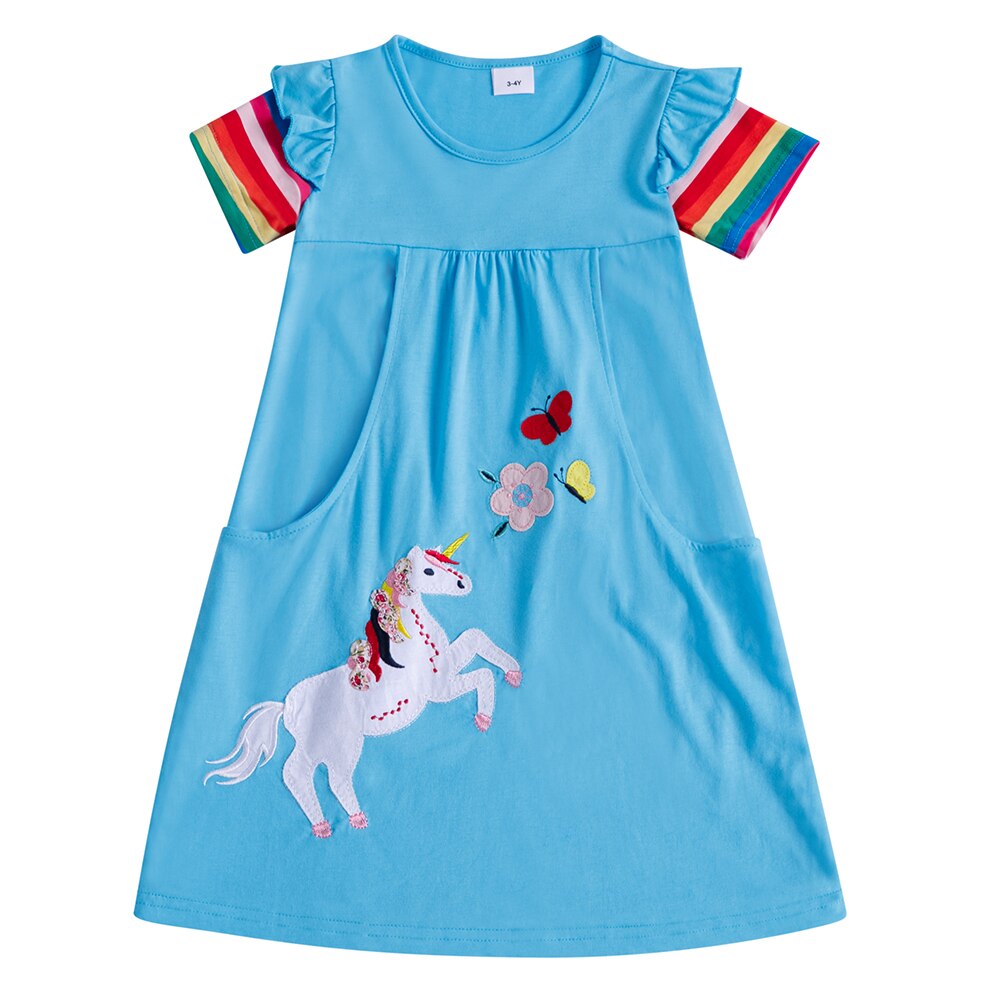 Jxs Nette Meisjes Korte Mouw Jurk Eenhoorn Bloem Borduren Zomer Casual Jurk: SH5835-SkyBlue / 4T