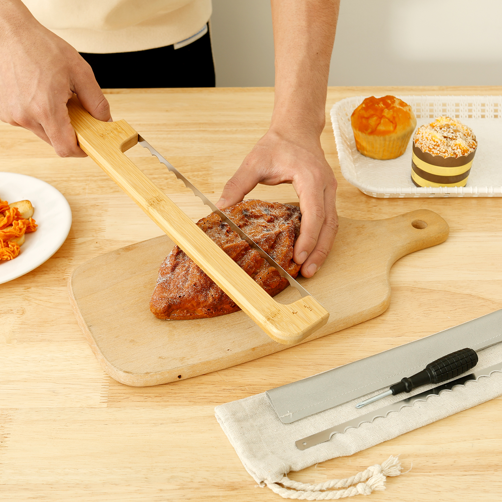 Wood Sourdough Bread Knife Slicer with Blade Protector and Storage Bag Serrated Bow Bread Knife with Handle for Even Slicing