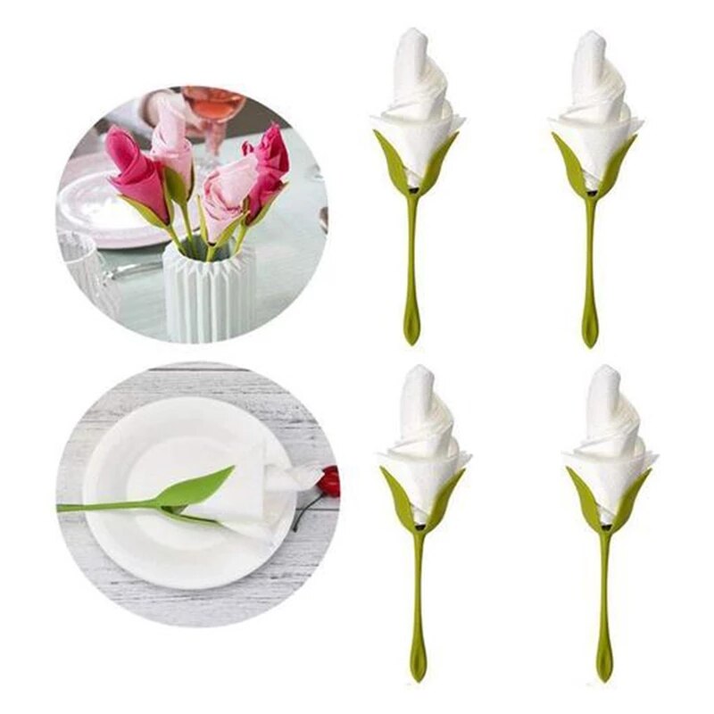 Bloom Napkin Holders Paper Towel Organizer for Tables 4pcs Green Stem Flower Buds Serviette Holders Dinner Tabletop Decorations