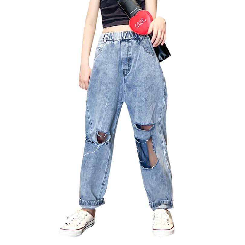Pantalones vaqueros Con agujeros para bebés y niños, Jeans de cintura elástica para primavera y verano, 6-16 años, Wz650
