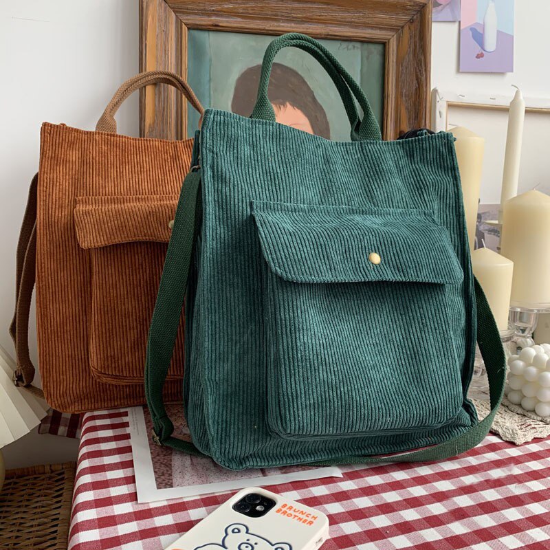 Hylhexyr Corduroy Schoudertas Vrouwen Vintage Boodschappentassen Rits Meisjes Student Boekentas Handtassen Casual Tote Met Buiten Pocket