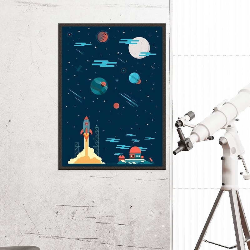 Space Theme Prints Planets Rocket Astronaut Cartoon Poster Moon Stars Nursery Wall Art Painting Boys Kids Room Wall Decor