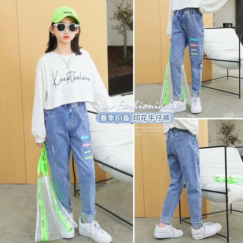 Aankomst Meisje Jeans Tiener Meisjes Skinny Jeans Kinderen Klassieke Mid Taille Print Jeans Meisjes Blauw Denim Broek Kids Meisjes kleding