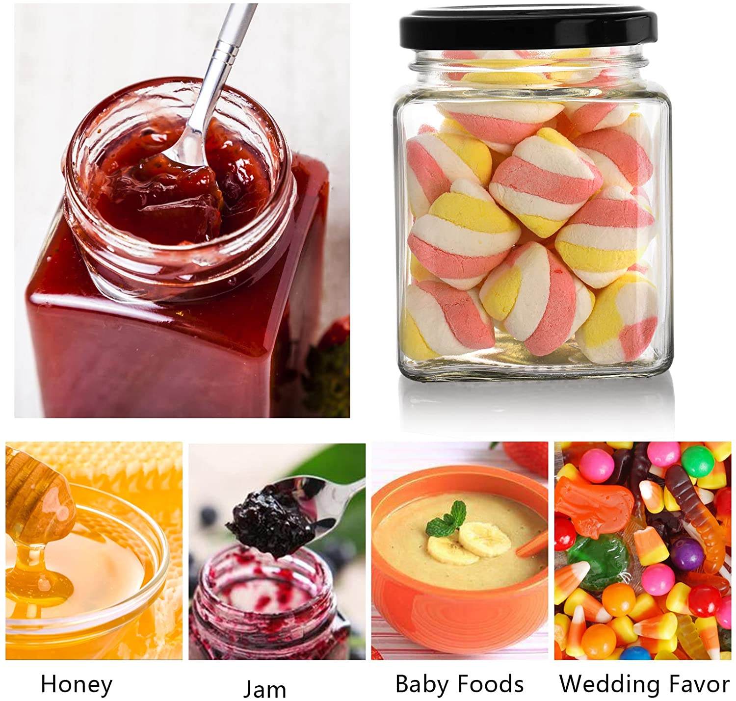 Kitchen Food Storage Containers Square Glass Jar With Black Airtight Lids Glass Mason Jar Canning Jars for Jam Honey