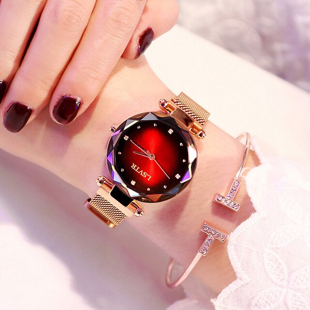 Luxe Rose Gold Vrouwen Horloges Mode Diamant Dames Sterrenhemel Magneet Horloge Waterdicht Vrouwelijke Horloge Voor Klok: Rood