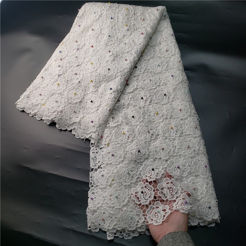 Tela de encaje de guipur de grado clásico para vestido de boda, tejido suave bordado, cordón africano, color blanco puro, amigable con la piel, última NN957-k: with beads3