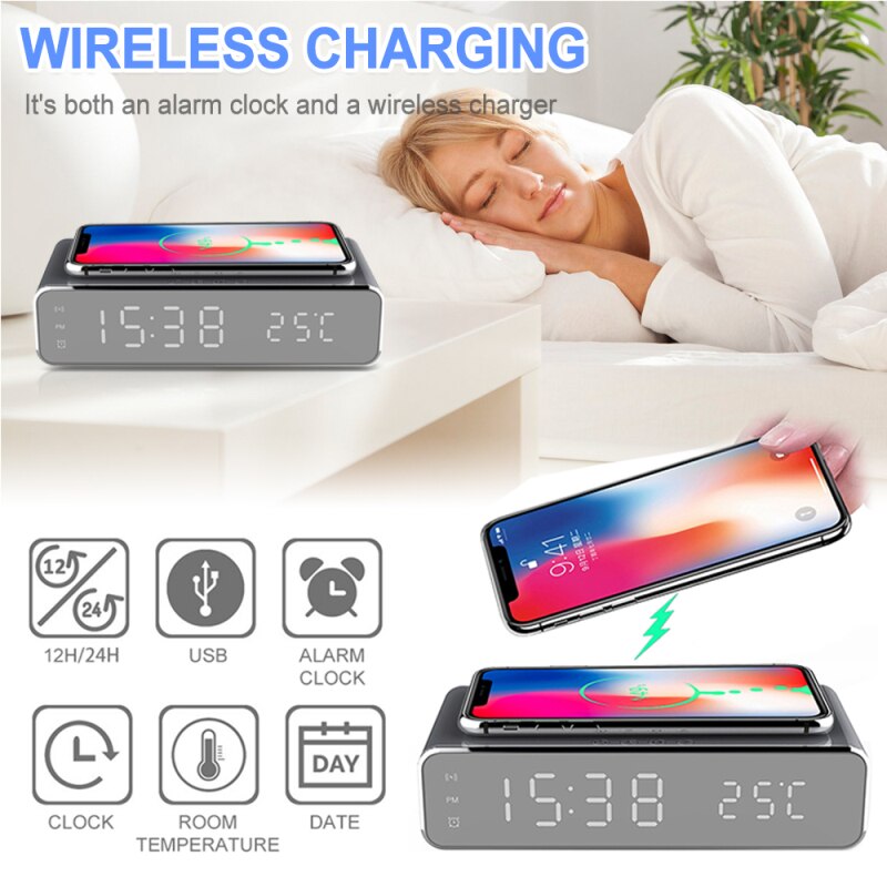 Led sähköinen herätyskello digitaalinen lämpömittari päivämääränäyttö herätyskello qi langattomalla puhelimen laturilla iphone xiaomi huawei