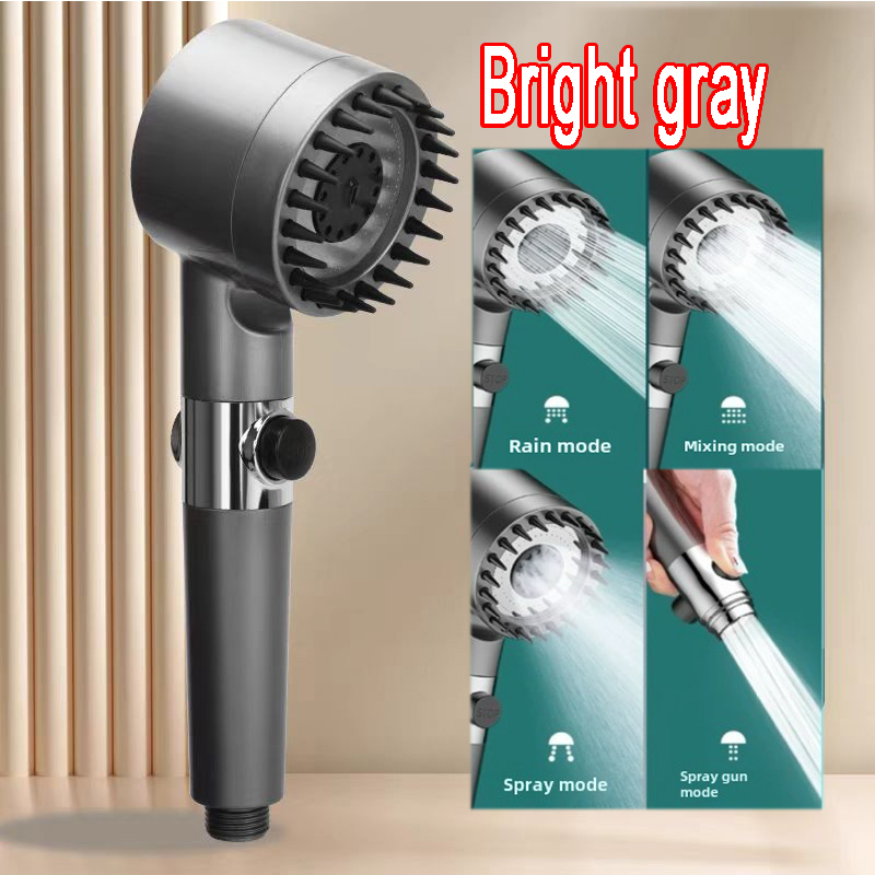High Pressurized Filter Shower Head 3-mode Adjustable Spray with Massage Brush Rain Faucet Bathroom Accessories: Light Grey