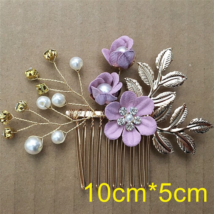 Lky fr bryllup hår tilbehør brude hovedbeklædning kamme guld blade brud hovedbeklædning perle hårnål blomster brud bryllup dekoration: Lilla hårtøj b