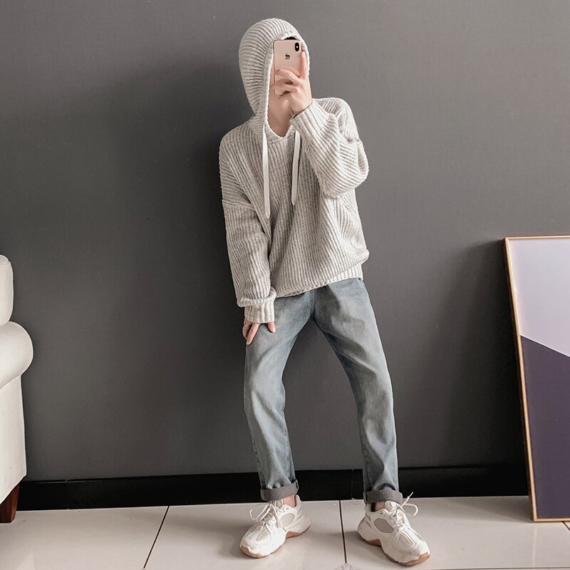 Vinter hettegenser herre varm ensfarget fritidsstrikk genser herre sweer klær løse langermede gensere herre s-xl: M