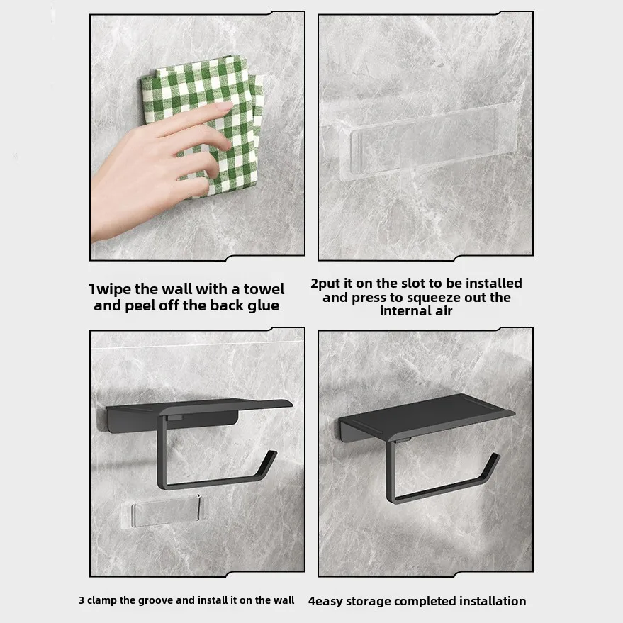 Aan de muur te bevestigen toiletrolhouder met zelfklevende achterkant, geschikt voor toiletpapier, gemaakt van kunststof en eenvoudig te installeren.