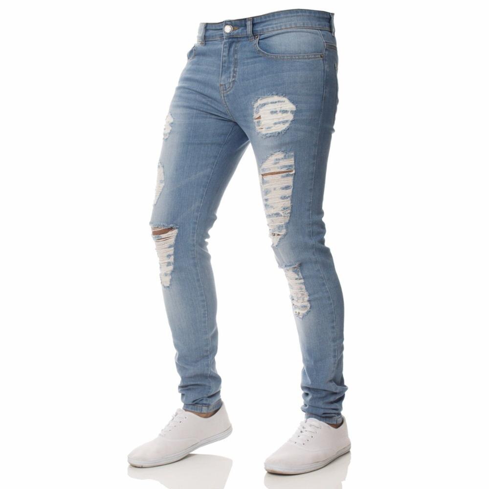 Herr casual skinny jeans byxor herr solida svarta slitna jeans herr slitna tiggarjeans med knähål för ungdomsmän: Himmelsblå / S