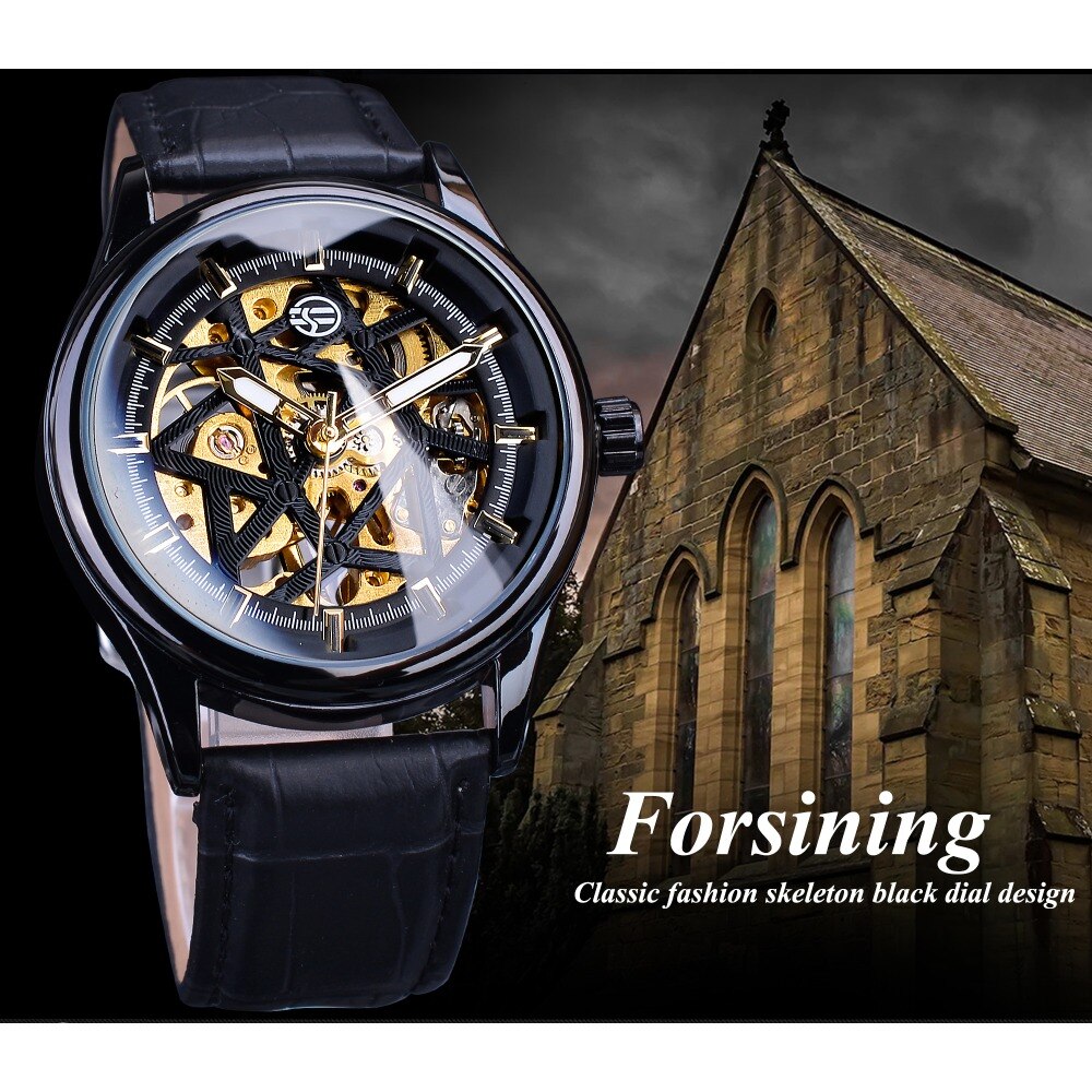 Forsining Heren Luxe Black Skeleton Lederen Horloge Steampunk Hand Wind Mechanische Roestvrij Staal Horloges Montre Homme