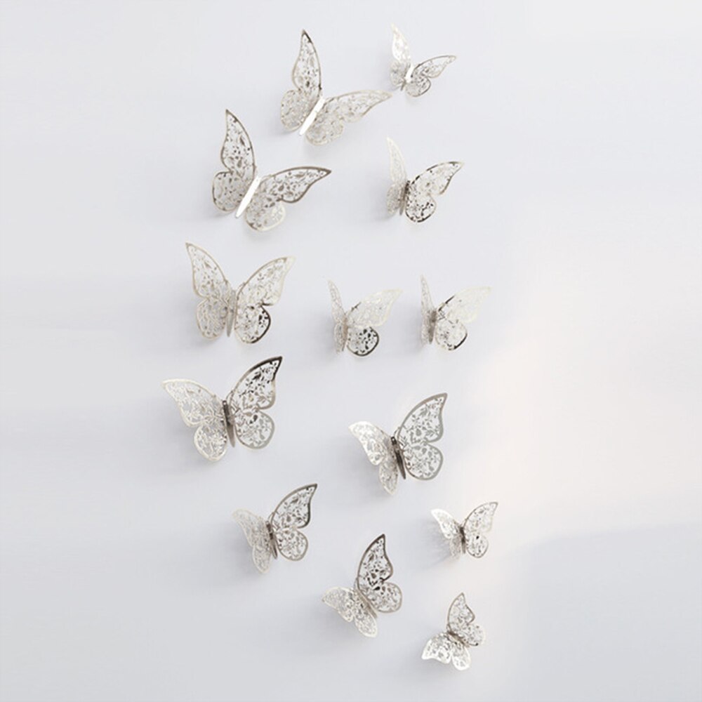 12pcs/set Hollow 3D Butterfly Wall Sticker for Wedding Decoration living room window Home Decor Gold silver Butterflies stickers: Silver C