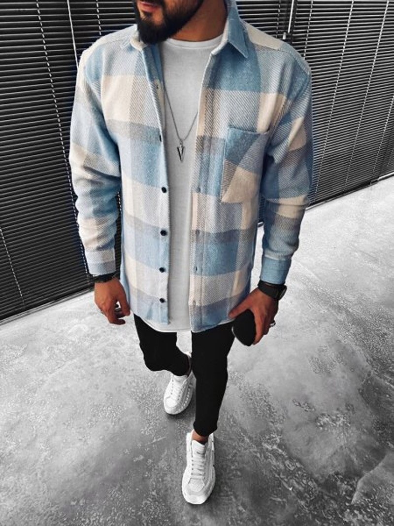 Spring Autumn Single Pocket Long Sleeve Shirt Men Chemise Homme Plaid Shirts Male Cotton Casual Men's Clothing Streetwear