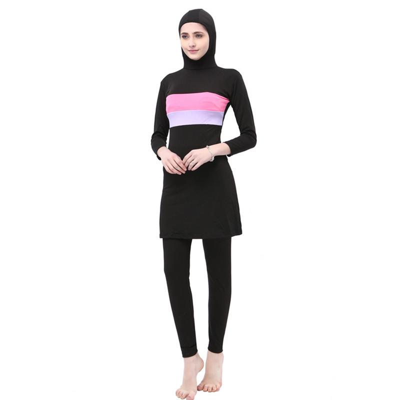 Kvinder langærmet muslimsk badetøj kontrastfarve hætteklædt hijab arabisk islamisk svømmesurfetøj burkinis badedragt plus størrelse