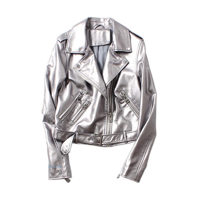 Womens Short Parka Coat Leather Biker Silver Motorcycle Zipper Jackets Outerwear: L