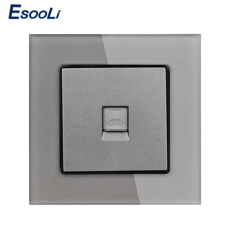 Esooli Crystal Glass Panel Power Socket 1 Gang RJ45 Internet Jack CAT6 Connector Computer Outlet Wall Data Socket
