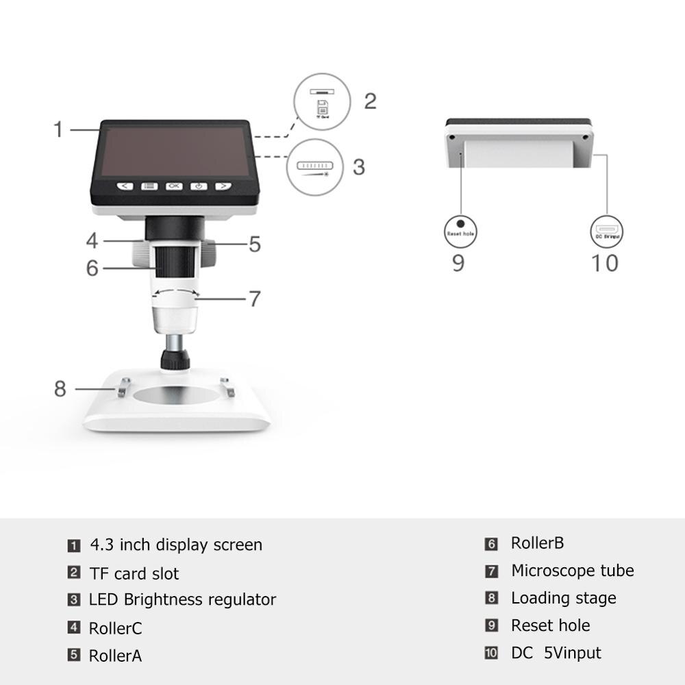 1000X4.3 Inch Digitale Microscoop Hd 1080P Elektronische Desktop Solderen Lcd Vergrootglas Glass Set Ondersteuning 10 Talen: A
