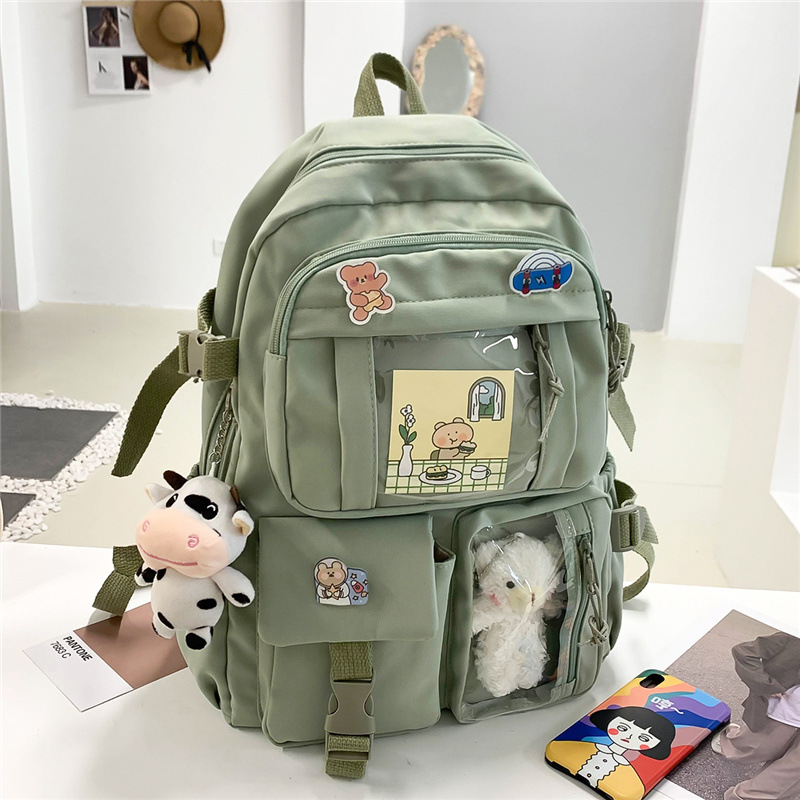 2022 Women Multi-Pocket Backpack Ins Junior Large-capacity Nylon High School Student School Bag for Girl Backpack Laptop Book: Green and ornaments