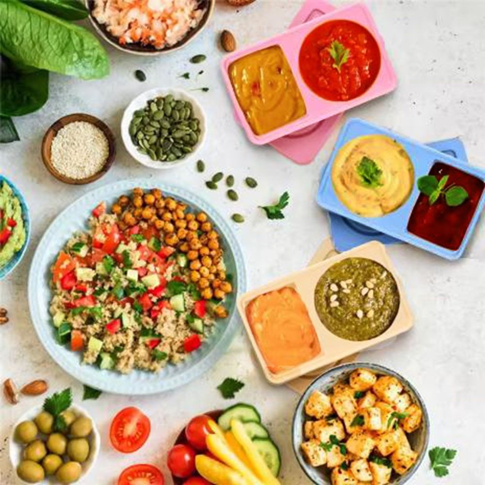 Conteneurs de collations réutilisables en Silicone, boîte à serpent pliable et étanche à Double compartiment avec couvercle, conteneurs d'assaisonnement de Sauce pour la maison