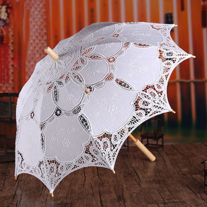 Boda Parasol para novia paraguas hueco de encaje bordado Blanco sólido Color romántico apoyos de la foto con mango de madera de 8 costillas