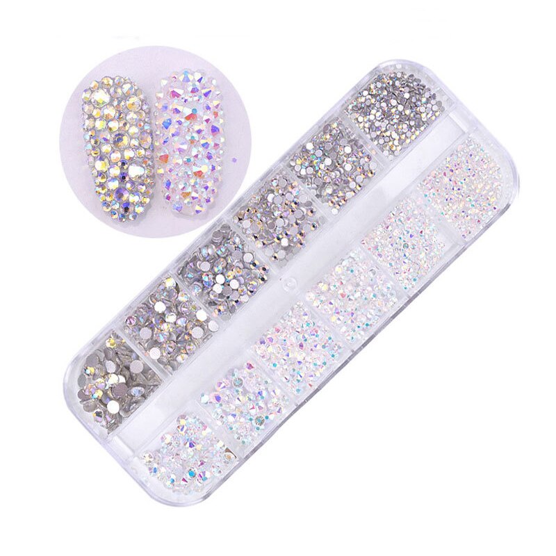 1 låda glitter naglar strass multi size flat-back ab kristaller stenar 3d berlocker diy tips nagelkonst dekorationer glänsande diamanter