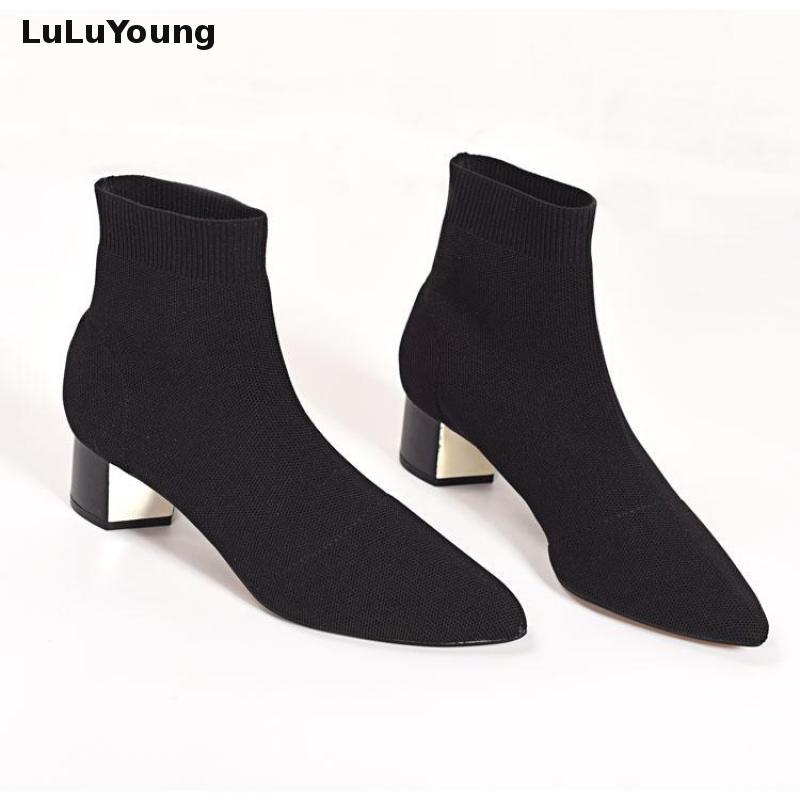 Calcetines elásticos de punto para mujer, botas cortas de tacón medio, botines con punta estrecha