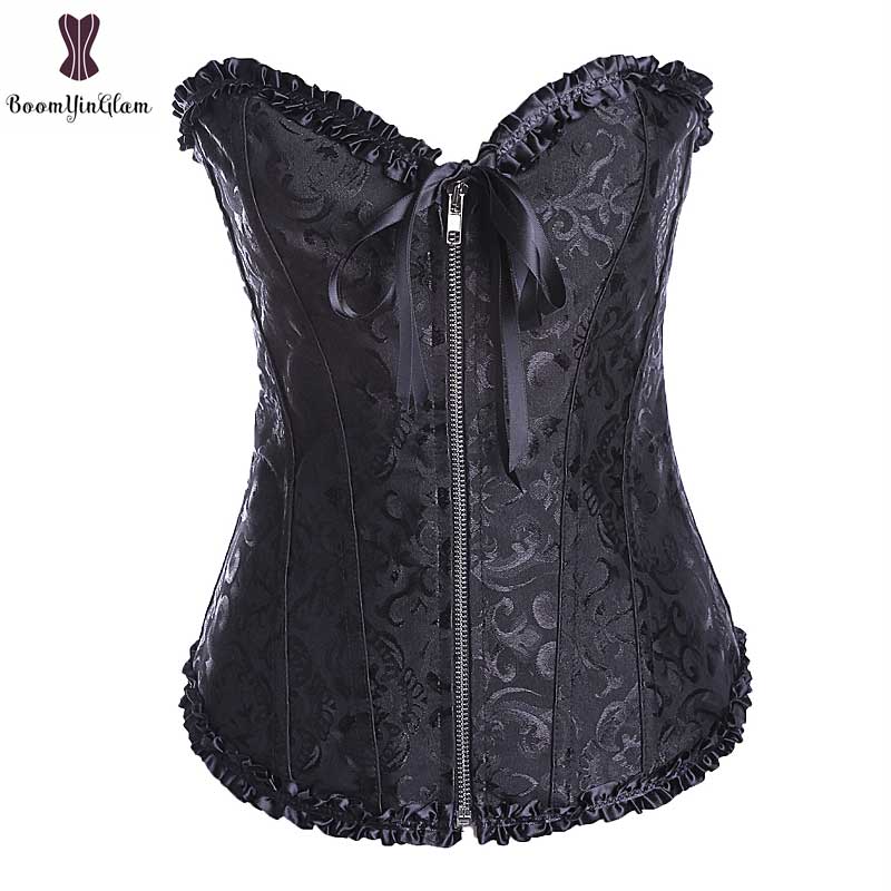 Bloemen Corset Laciness Rits Bustier Elastische Uitgebeend Plus Size Gothic Korset Nacht Clubwear Corselet Side Red Side Zwart: black / XL