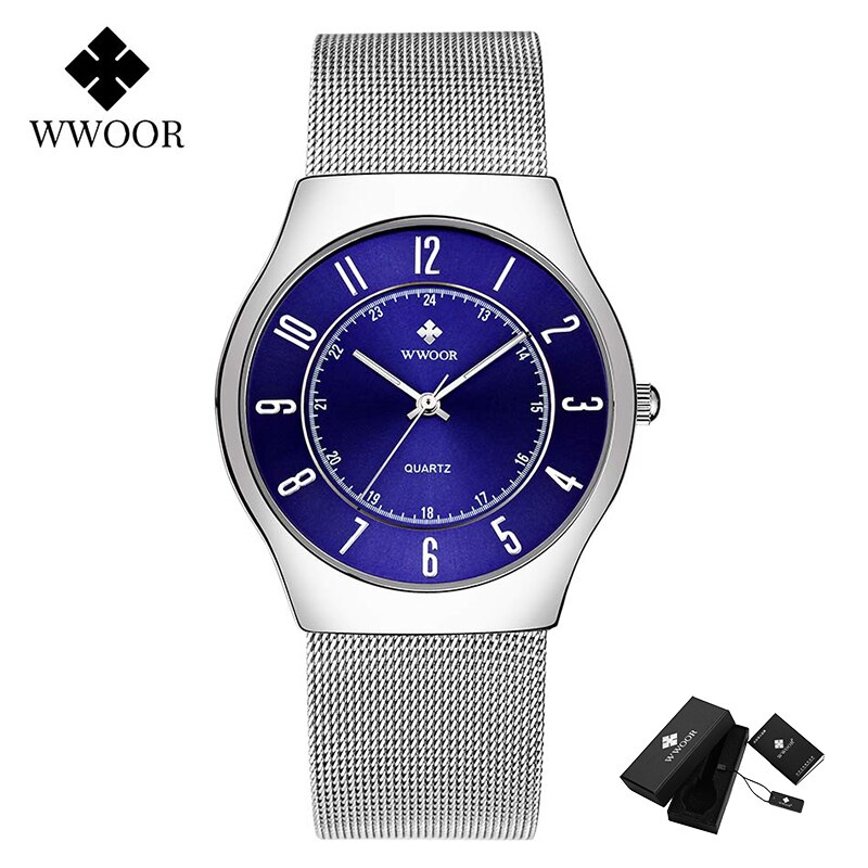 Wwoor Classic Mannen Horloges Top Luxe Blue Sport Quartz Horloge Mannen Ultra-Dunne Stalen Mesh Waterdichte Polshorloge reloj Hombre: Blue