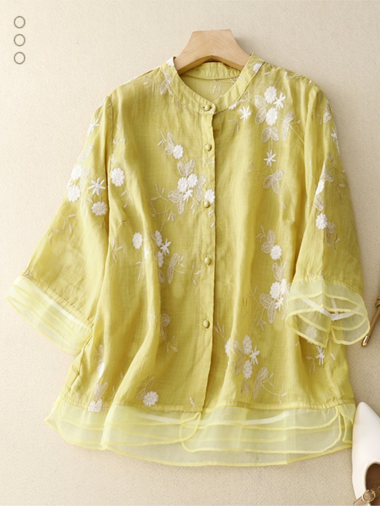 Frühling Sommer Frauen Hemd Bluse gespleißt Dreiviertel Gaze Stand Hals einreihig Brüste Folk bestickte Strickjacke Tops