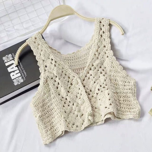 2021 nuove ragazze primavera ed estate gilet lavorato a maglia moda Cardigan giacca All-match giacca di pizzo: Creamy-white