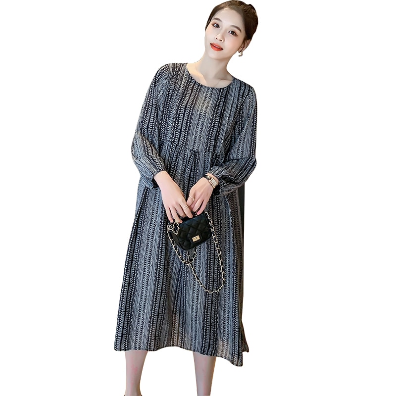 Autumn Plus Size Maternity Long-sleeved Lactation Dress Vintage Nursing Clothes Chiffon Postpartum Women Breastfeeding Dress