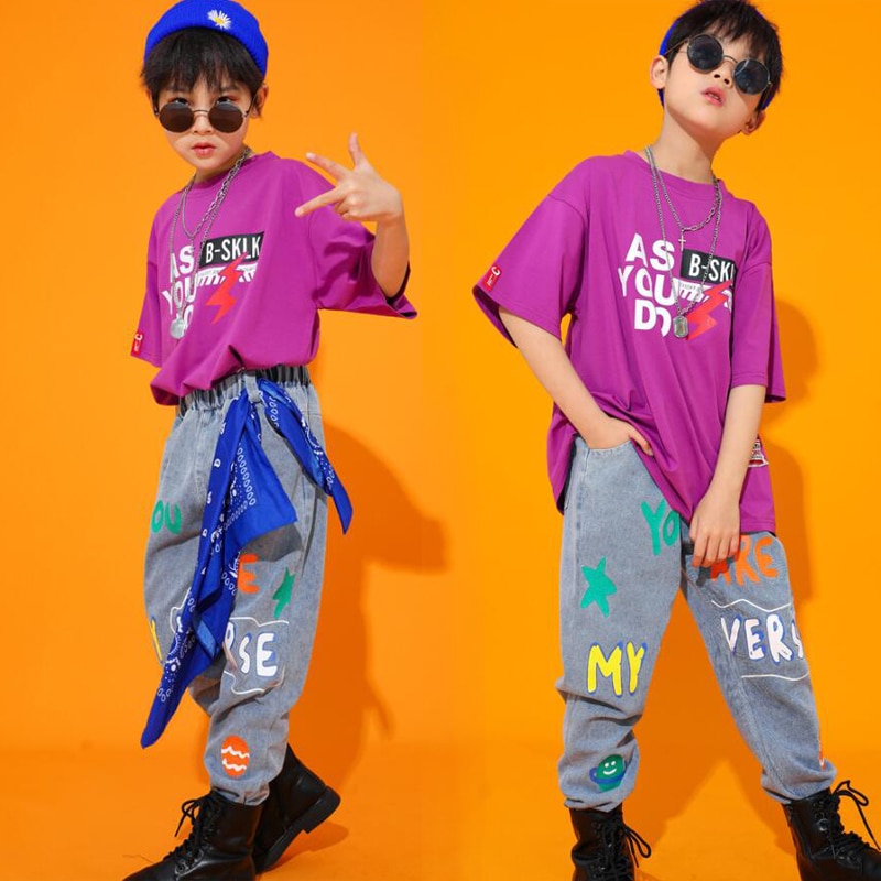 Barn hip hop dans kläder festival outfits lös t-shirt toppar jeans byxor pojke flickor jazz dans kostym kläder street wear