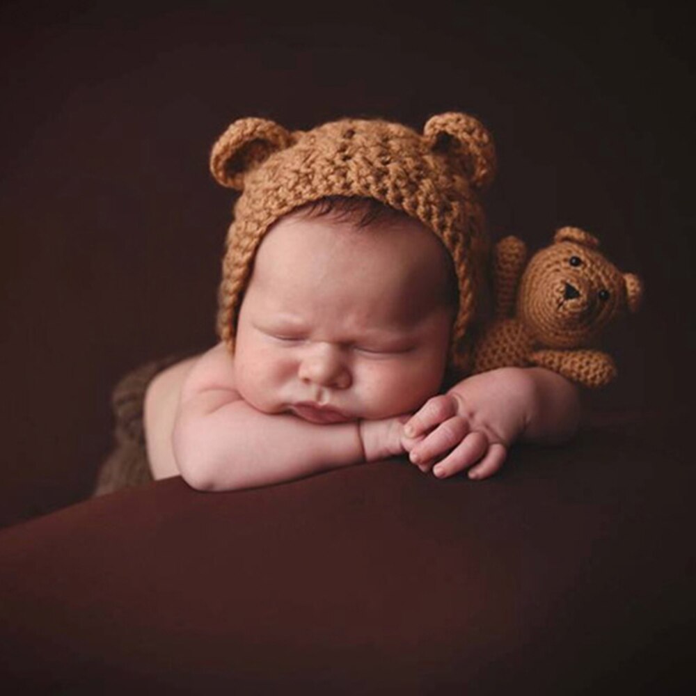 Nyfödda babyhattar fotografi rekvisita flickor pojkar virkade stickade dräkter med öronleksaker + hattar 2 st söta för baby