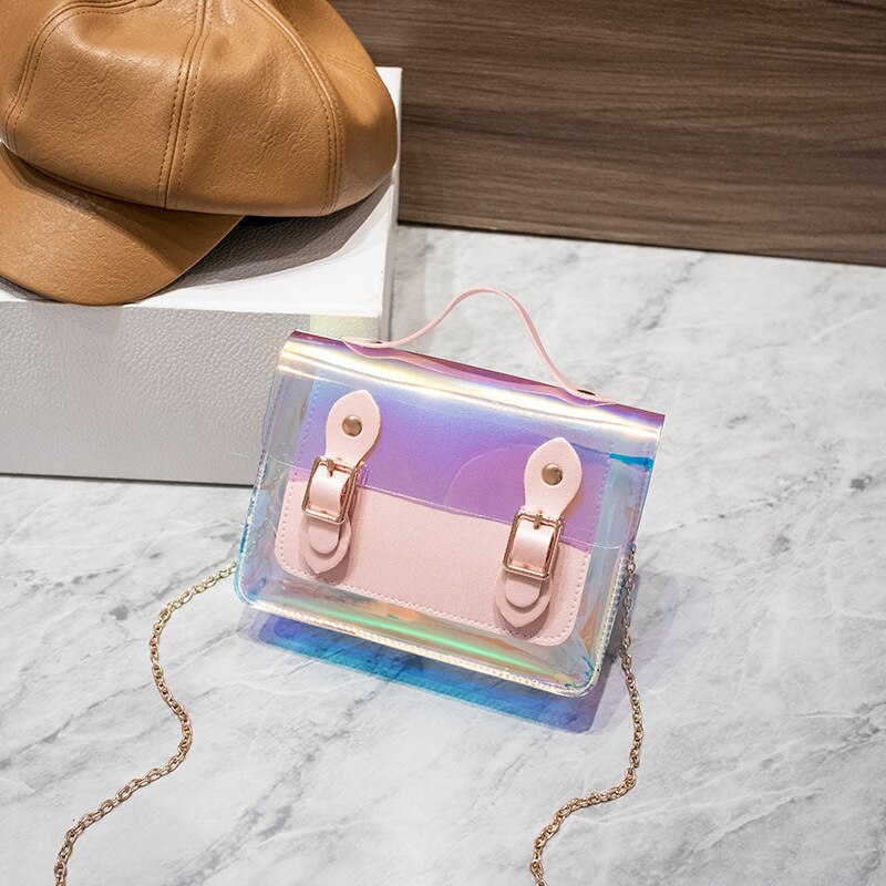 Ladies Shoulder Bag Double Buckle Sequined PVC Jelly Crossbody Square Bag Trendy Shoulder Diagonal Female Bag Summer Autumn: Pink