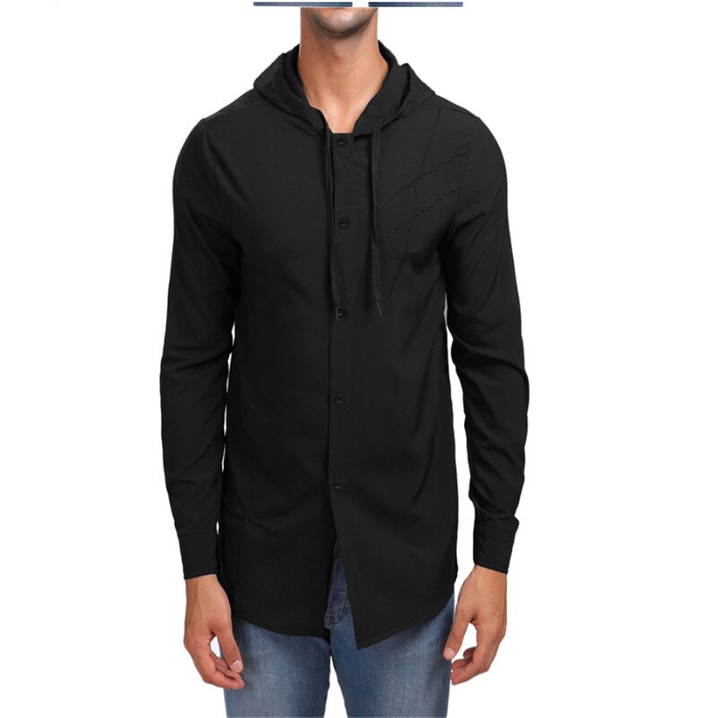 Men Work Shirt Soft Long Sleeve Square Collar Regular Solid Men Shirts White Male Tops Business Casual T-Shirts Tennis Jackets: Black / S