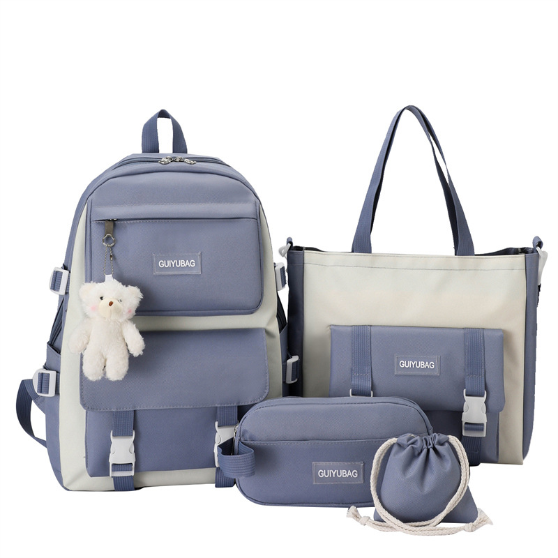 Fengdong 5 Stks/set Student Schooltas Zwart Wit Mode School Rugzak Voor Tienermeisjes Handtas Schoudertas Potlood Tas Set: Light Blue