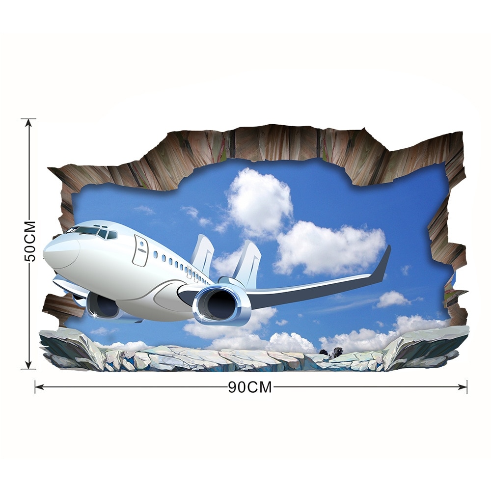 3D Aircraft Broken Wall Floor Sticker Waterproof Blue Sky White Clouds Wall Sticker For Bathroom Kids Rooms Home Decor Art Mural