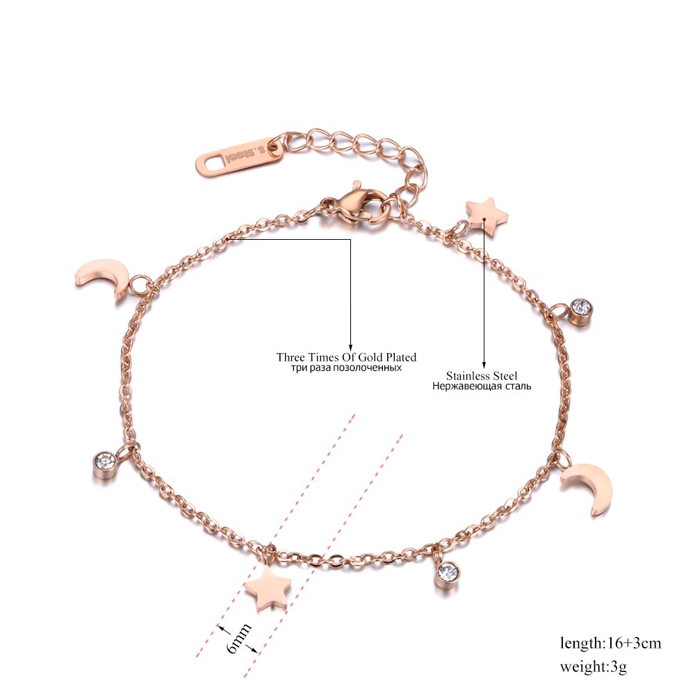 JeeMango Trendy Bracelet Moon & Star & CZ Crystals Rose Gold Color Stainless Steel Bracelet Link Chain Christmas JB18186