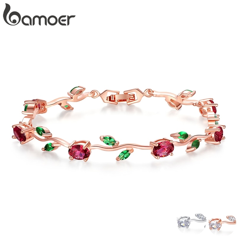Bamoer Rose Goud Kleur Leaf Chain & Link Armband Met Rood + Groen Aaa Zirkoon Voor Moeder Sieraden JIB072