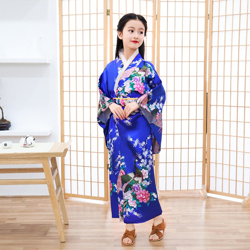 Traditionell kinesisk kimono för barn sidenklänning för barn i ett stycke klänning: Kungsblå / 140