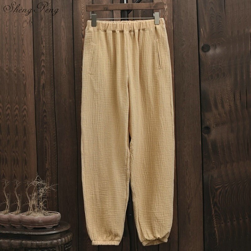 Pantalones bombachos de lino y algodón con cintura elástica para mujer, pantalón informal liso, novedoso, Q799: 4