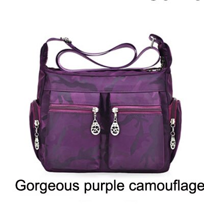 Kvinder messenger taske skuldertasker nylon kvindelige crossbody tasker dame håndtasker lynlås lukning tote: Lilla camouflage