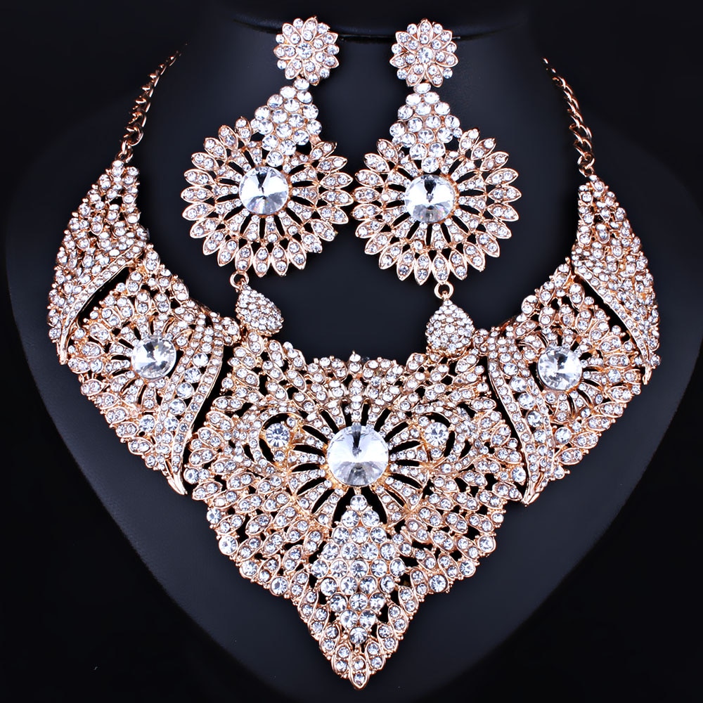 FARLENA-bijoux avec strass pour femmes, collier et boucles d'oreilles en strass, collier et boucles d'oreilles pour mariage indien