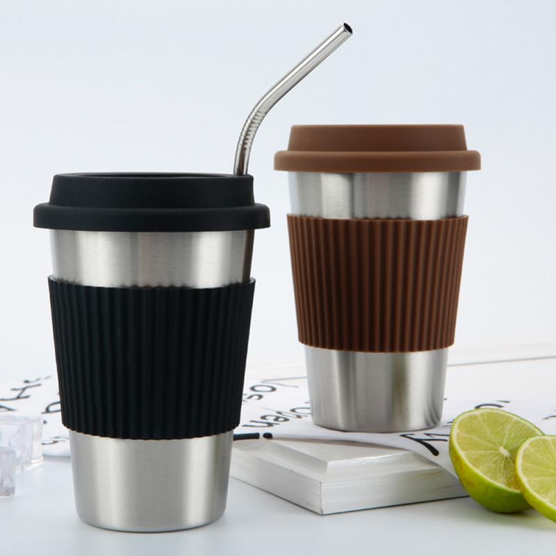 Stainless Steel Coffee Cup with Silicone Lids Non-slip Anti-scalding Sleeves Drinking Tumblers Beer Milk Tea Coffee Mugs 400ml