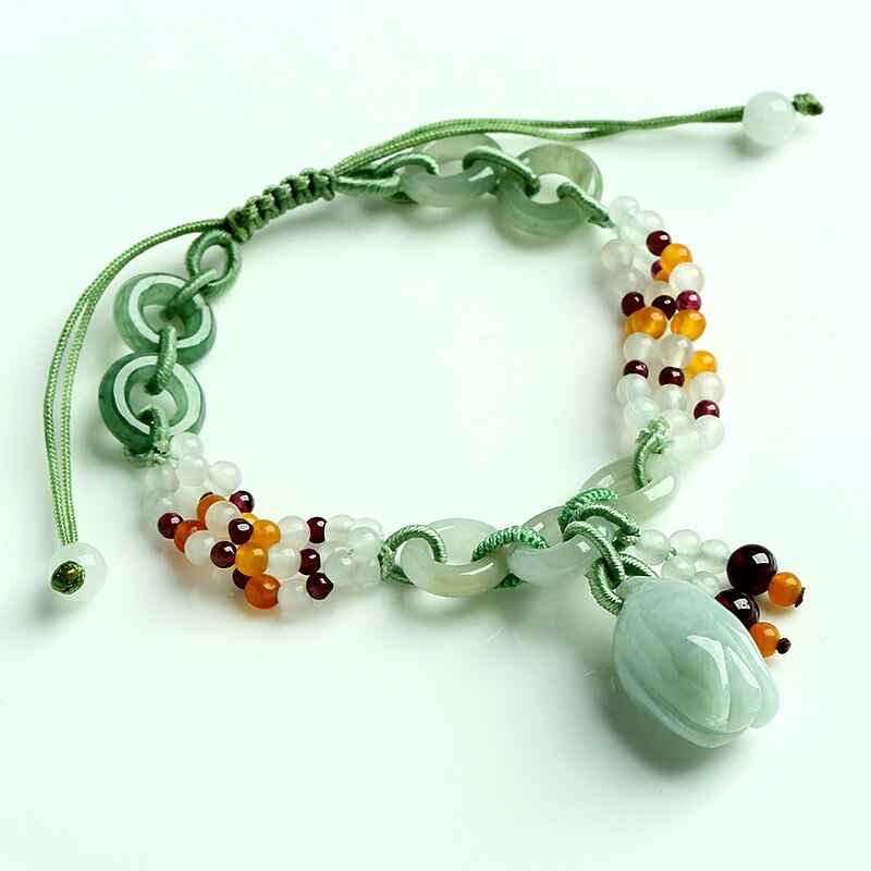 Natural Jade Roses Braided Bracelet Genuine A Goods Emerald Retractable Bracelet Female Simple Jewelry: Default Title